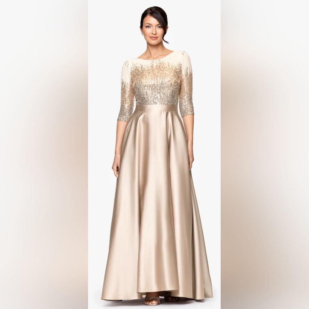 Betsy & Adam Quinn Embellished Sequin Ballgown NWT Size 6 Mocha/Champagne